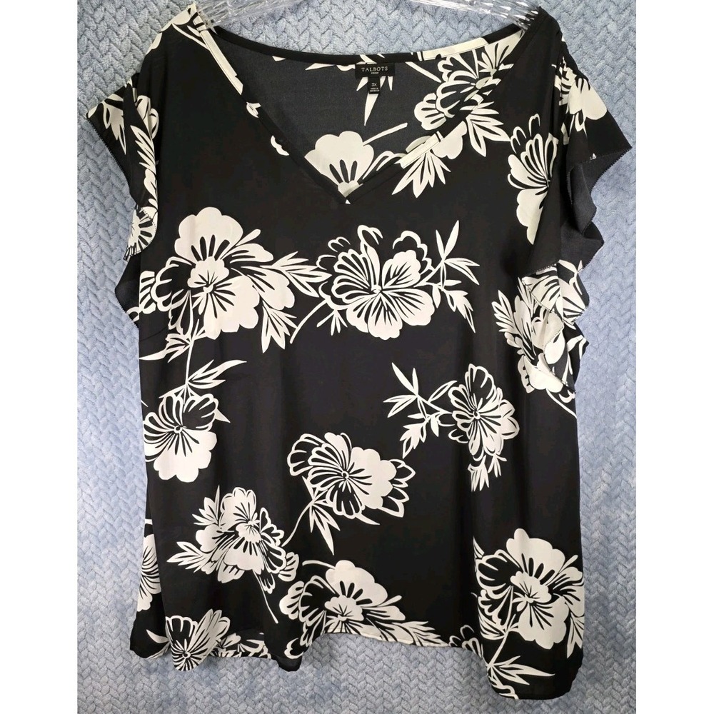 Talbot Sheer Black White Floral Top Ruffled Cap Sleeves VNeck Blouse Size 3X